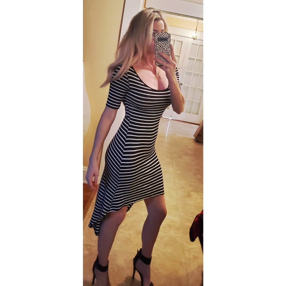 Asymmetrical black & white striped dress